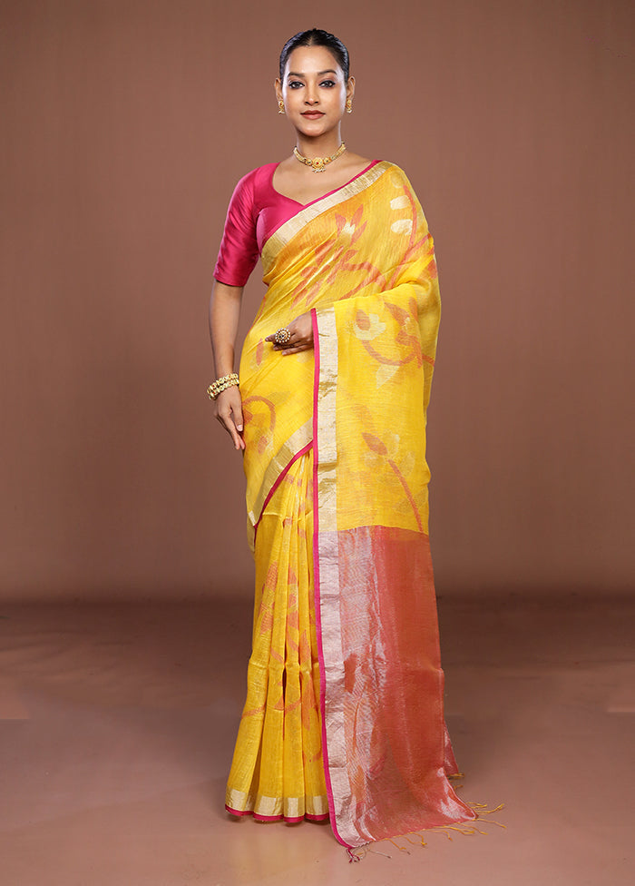 Yellow Handloom Matka Pure Silk Saree With Blouse Piece