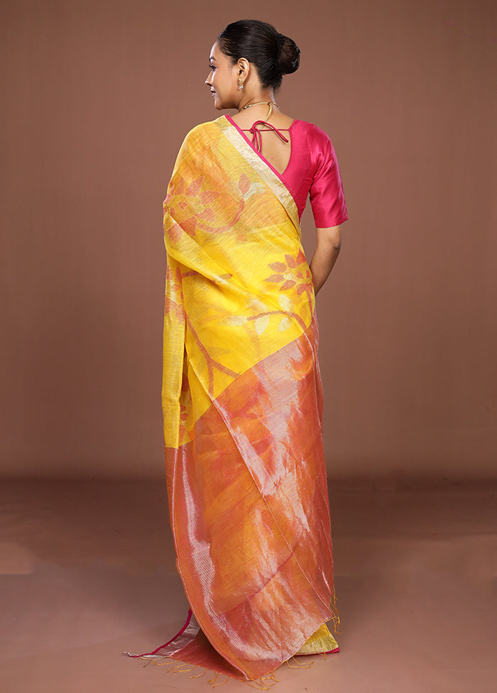 Yellow Handloom Matka Pure Silk Saree With Blouse Piece