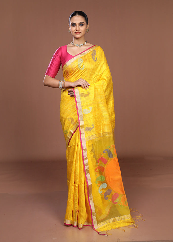 Yellow Handloom Matka Pure Silk Saree With Blouse Piece