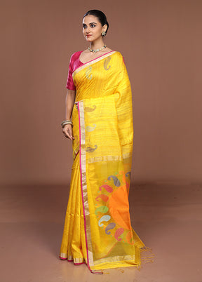 Yellow Handloom Matka Pure Silk Saree With Blouse Piece