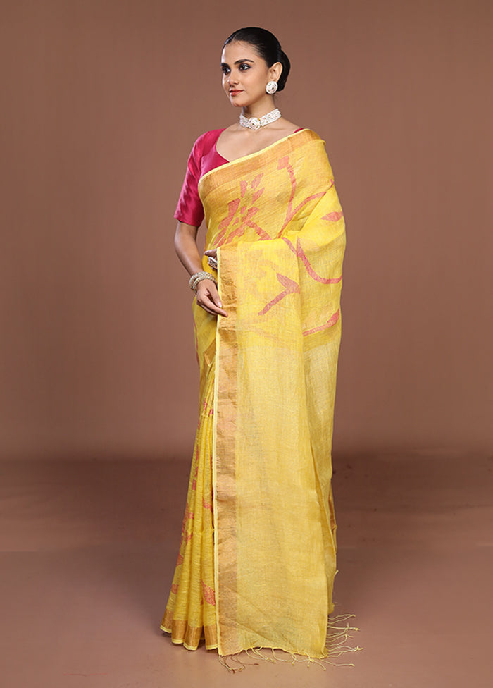 Yellow Handloom Matka Pure Silk Saree With Blouse Piece
