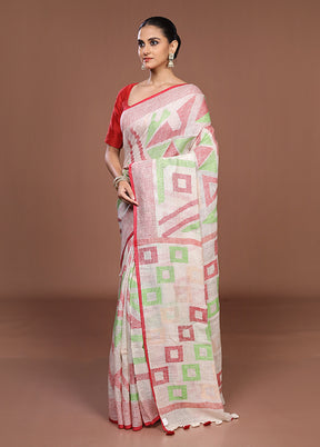 White Handloom Matka Pure Silk Saree With Blouse Piece