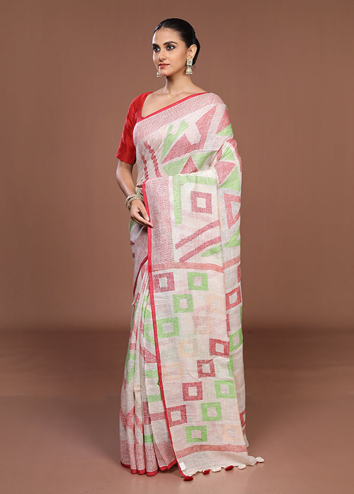 White Handloom Matka Pure Silk Saree With Blouse Piece