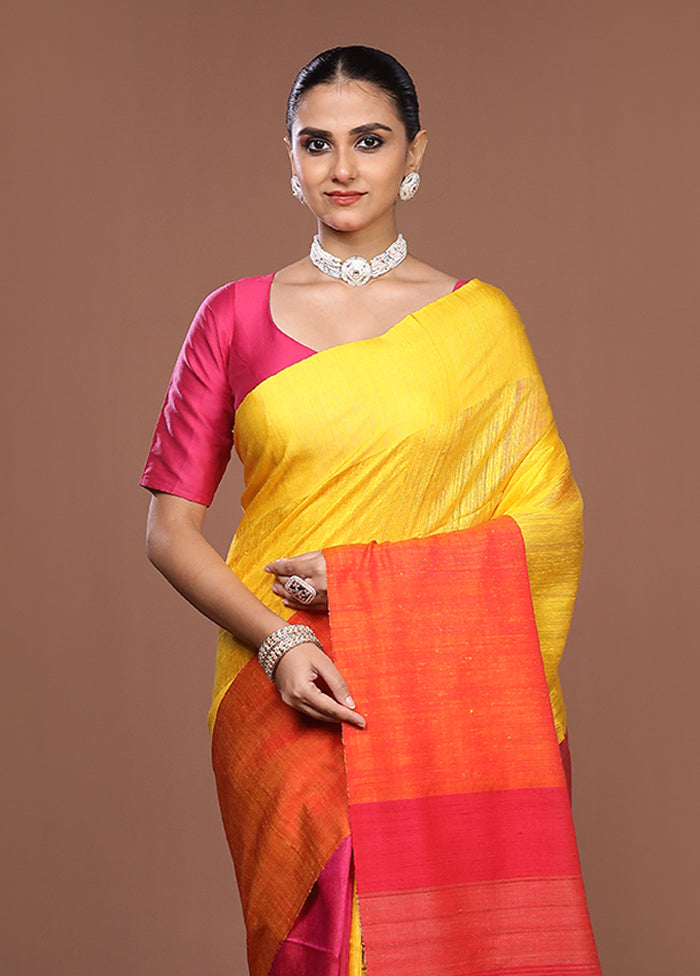 Yellow Handloom Matka Pure Silk Saree With Blouse Piece