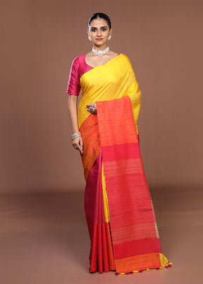 Yellow Handloom Matka Pure Silk Saree With Blouse Piece