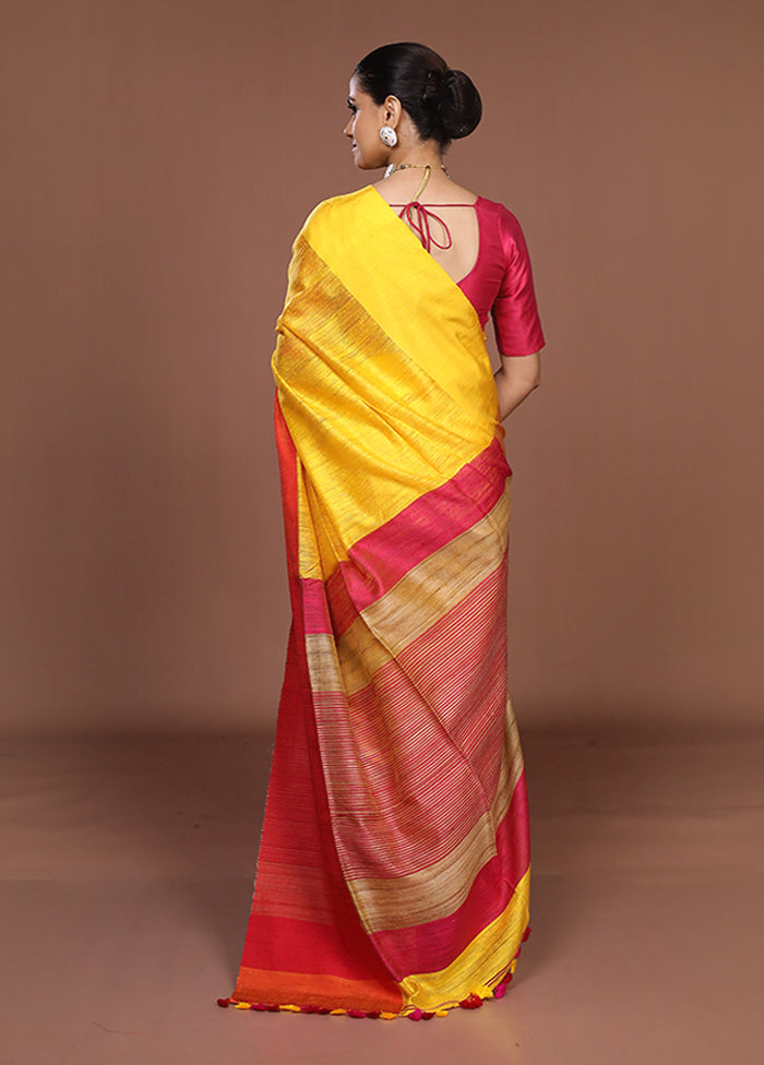 Yellow Handloom Matka Pure Silk Saree With Blouse Piece