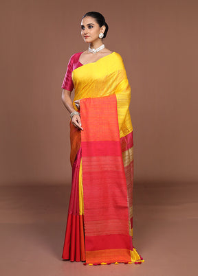 Yellow Handloom Matka Pure Silk Saree With Blouse Piece