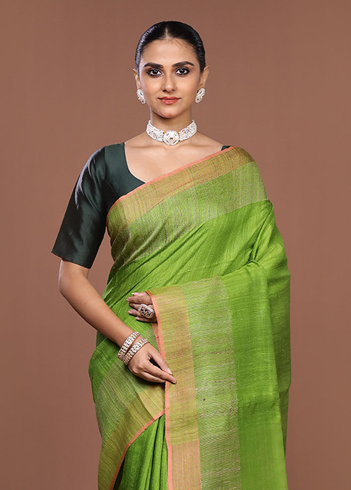 Green Handloom Matka Pure Silk Saree With Blouse Piece