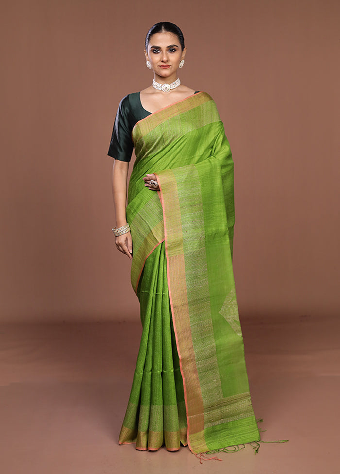 Green Handloom Matka Pure Silk Saree With Blouse Piece