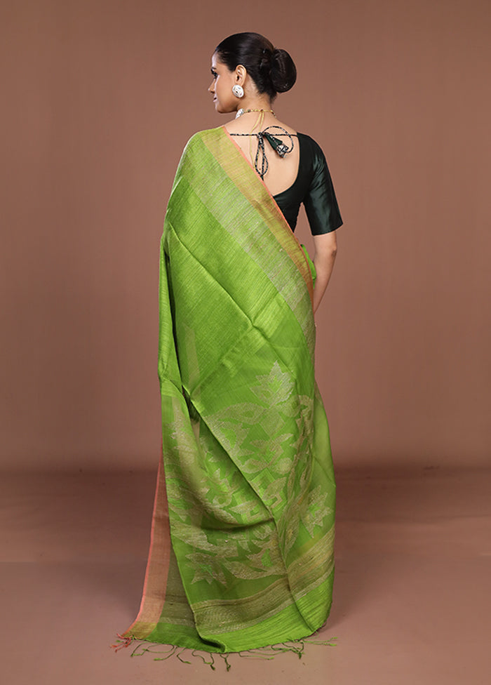 Green Handloom Matka Pure Silk Saree With Blouse Piece