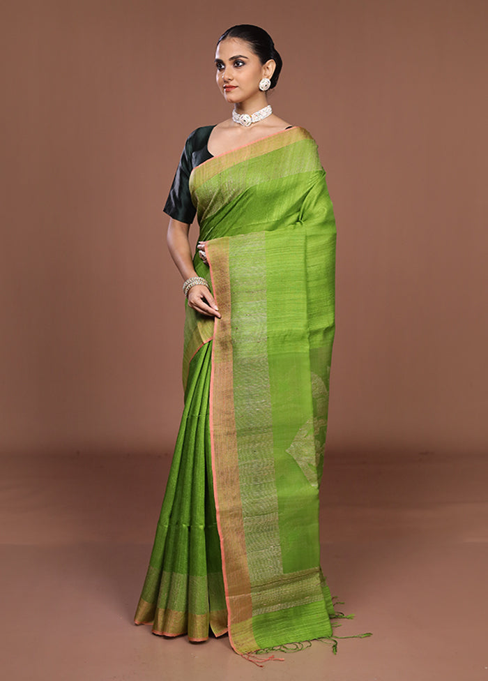 Green Handloom Matka Pure Silk Saree With Blouse Piece