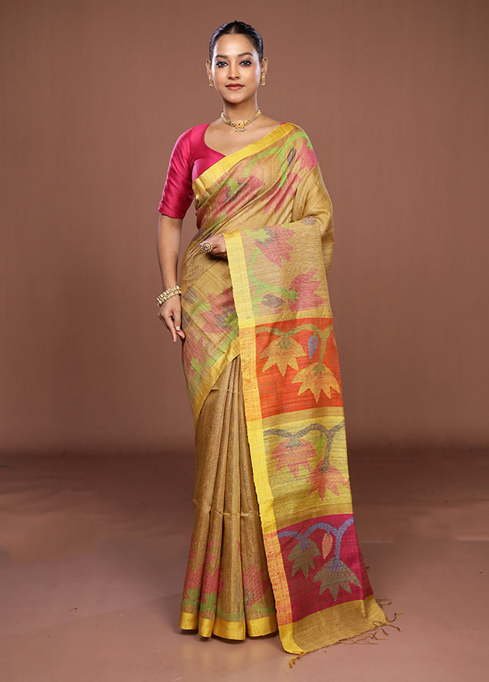 Yellow Handloom Matka Pure Silk Saree With Blouse Piece