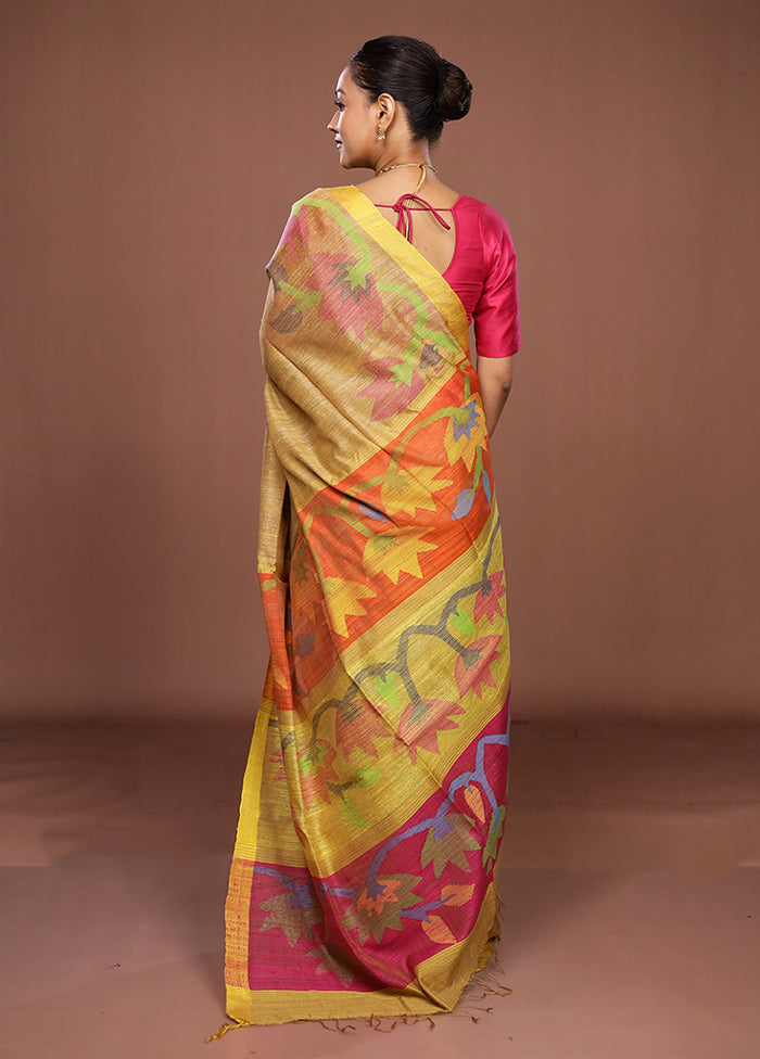 Yellow Handloom Matka Pure Silk Saree With Blouse Piece