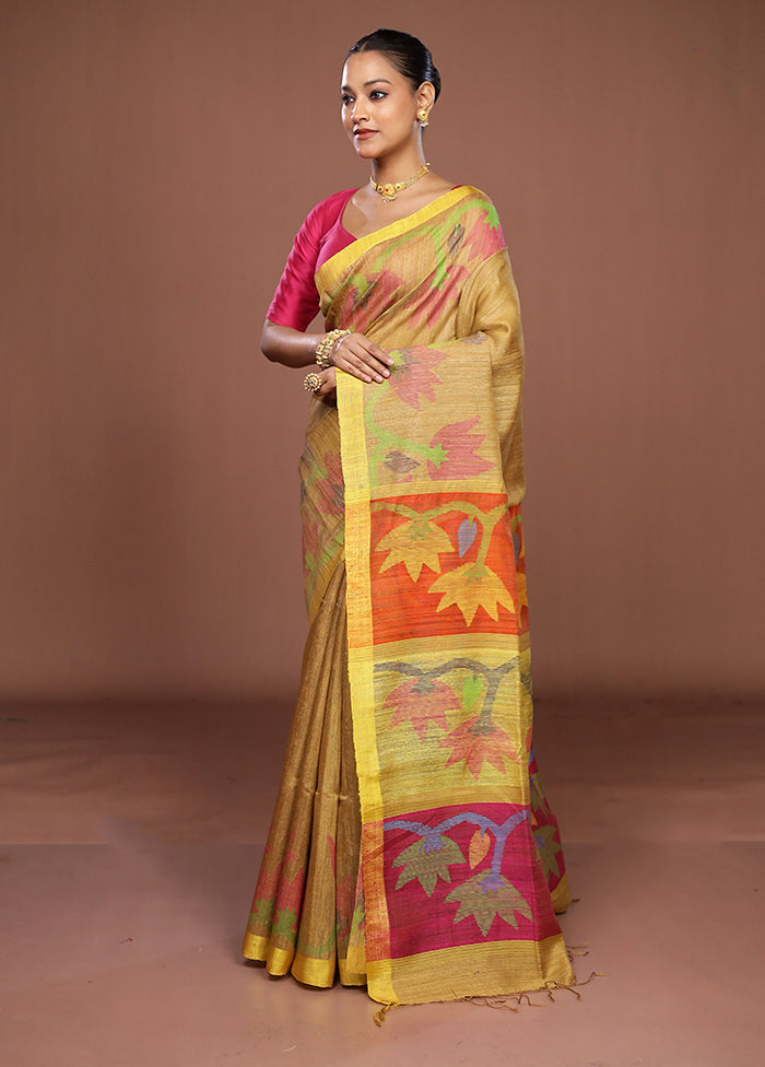 Yellow Handloom Matka Pure Silk Saree With Blouse Piece