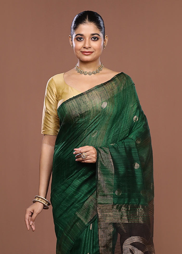 Green Handloom Matka Pure Silk Saree With Blouse Piece