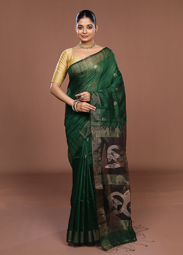 Green Handloom Matka Pure Silk Saree With Blouse Piece