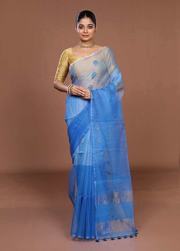 Blue Handloom Matka Pure Silk Saree With Blouse Piece