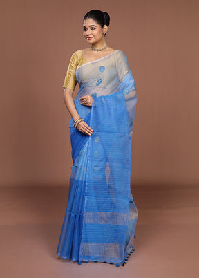 Blue Handloom Matka Pure Silk Saree With Blouse Piece