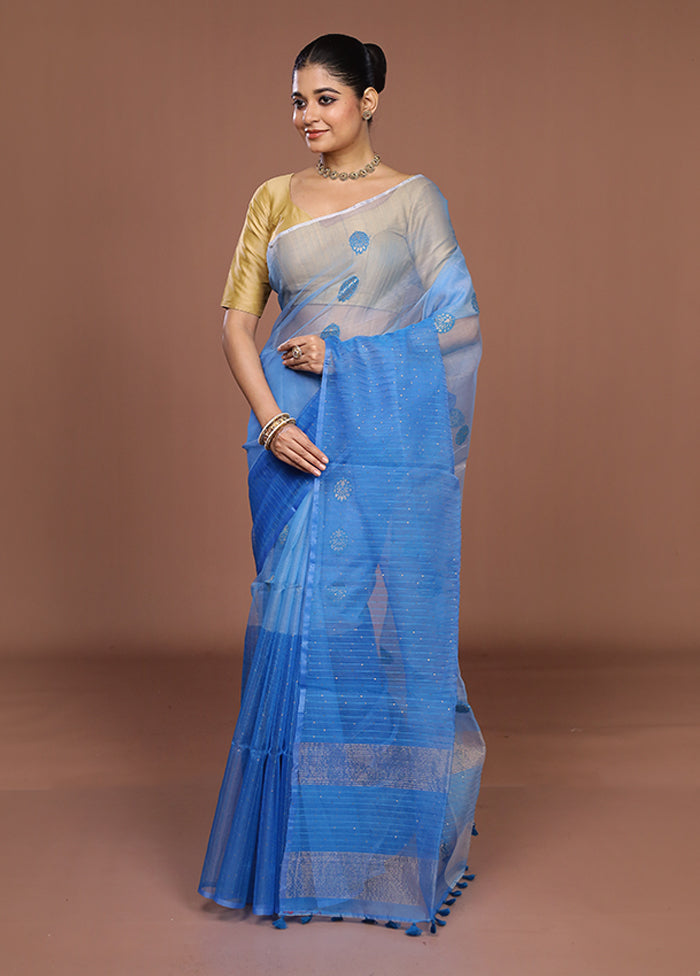 Blue Handloom Matka Pure Silk Saree With Blouse Piece