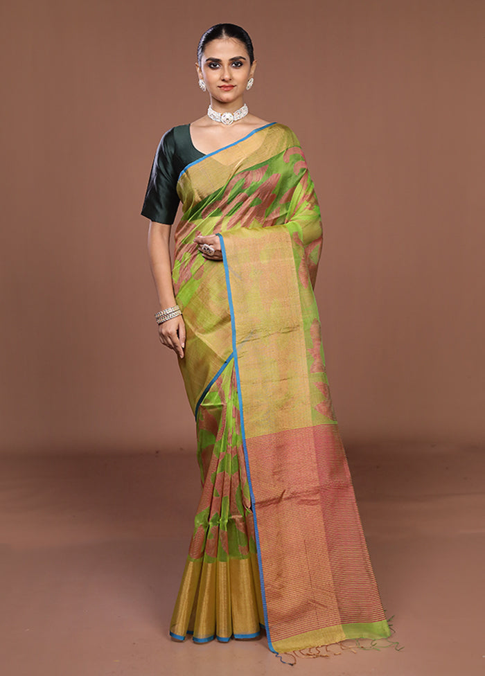 Green Handloom Matka Pure Silk Saree With Blouse Piece