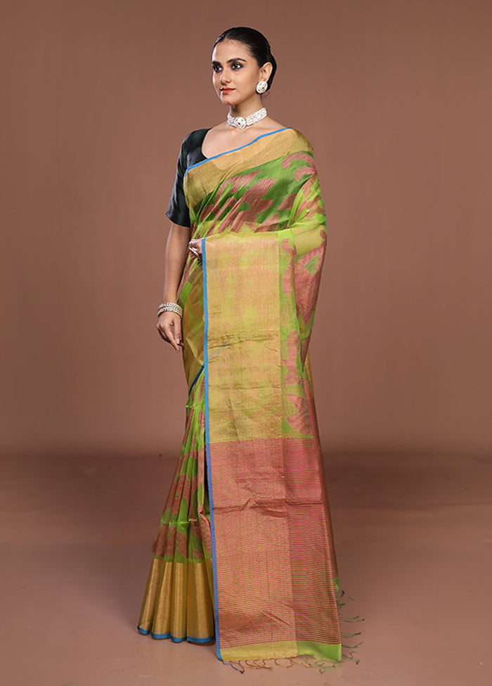 Green Handloom Matka Pure Silk Saree With Blouse Piece