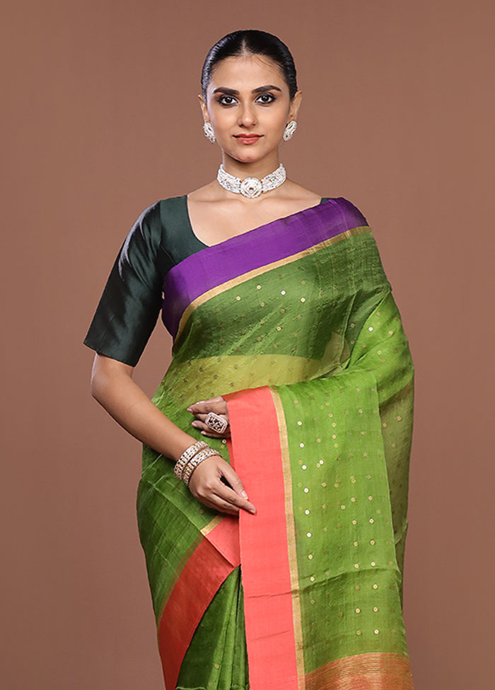 Green Handloom Matka Pure Silk Saree With Blouse Piece