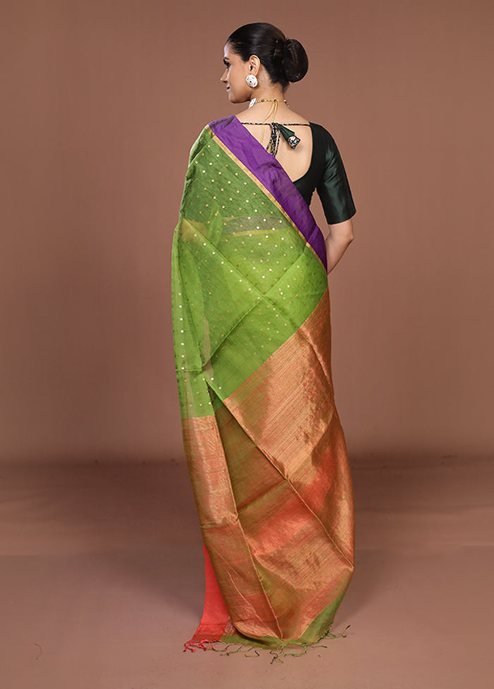 Green Handloom Matka Pure Silk Saree With Blouse Piece