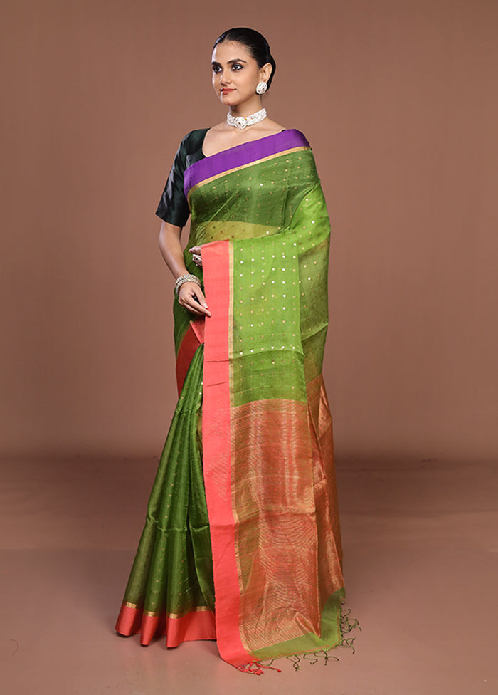 Green Handloom Matka Pure Silk Saree With Blouse Piece