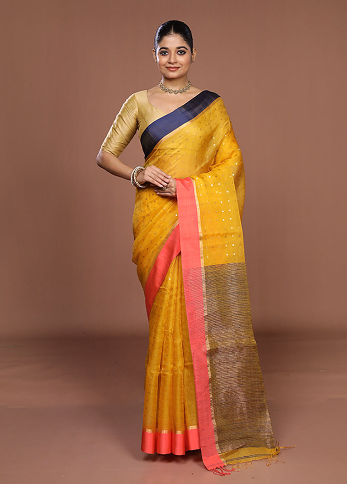 Yellow Handloom Matka Pure Silk Saree With Blouse Piece