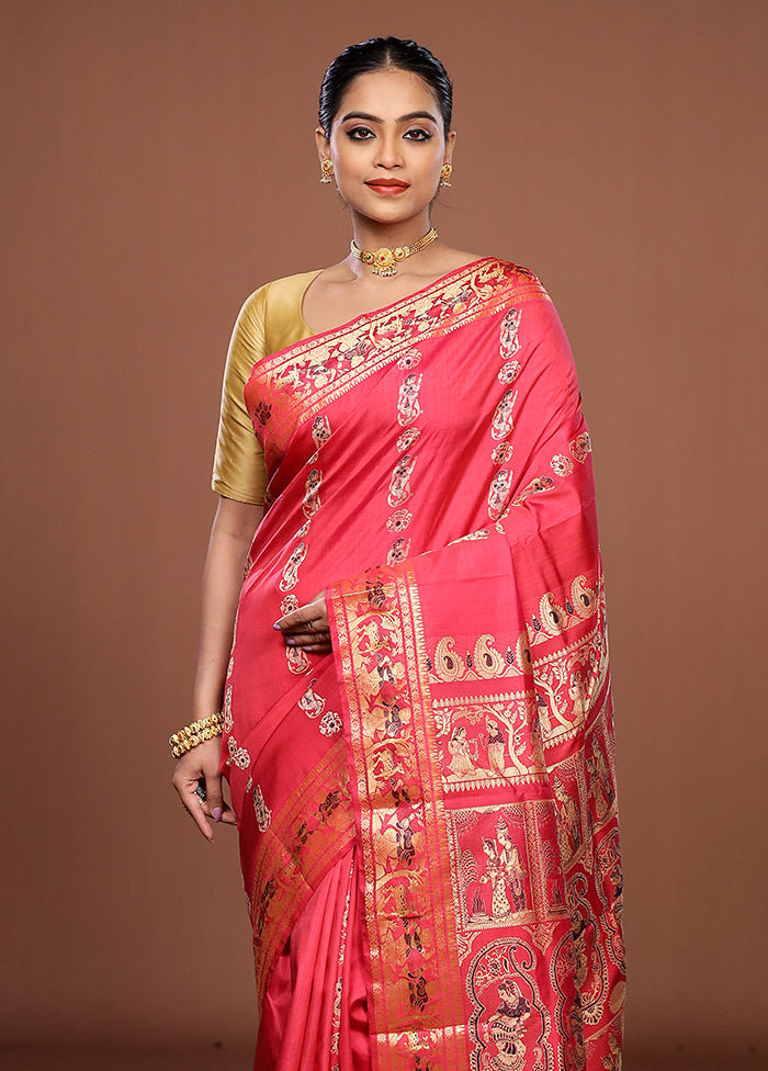 Pink Handloom Baluchari Pure Silk Saree With Blouse Piece