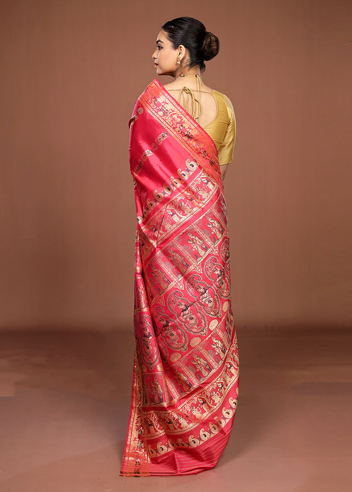 Pink Handloom Baluchari Pure Silk Saree With Blouse Piece