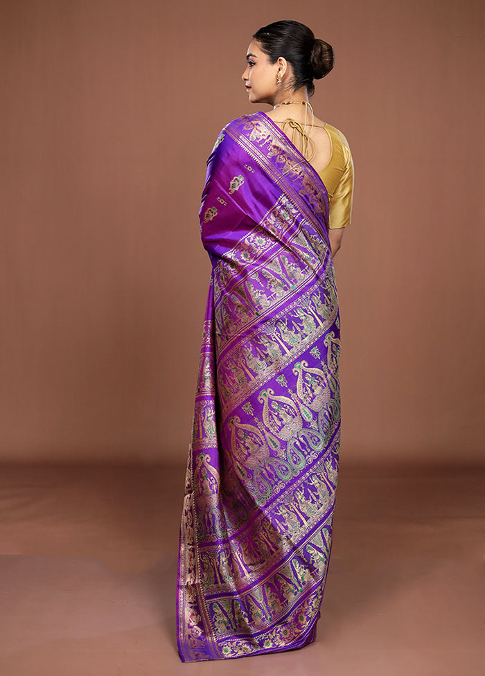 Blue Handloom Baluchari Pure Silk Saree With Blouse Piece
