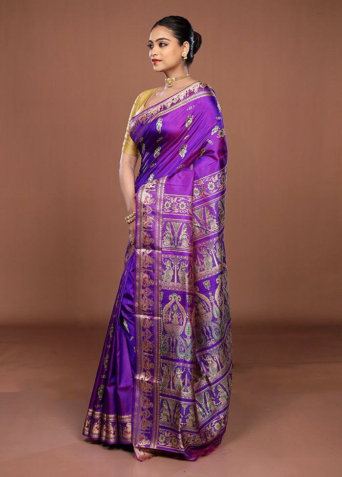 Blue Handloom Baluchari Pure Silk Saree With Blouse Piece