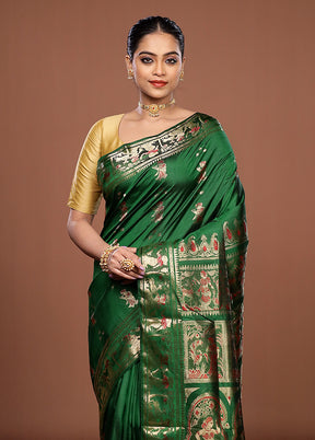 Green Handloom Baluchari Pure Silk Saree With Blouse Piece