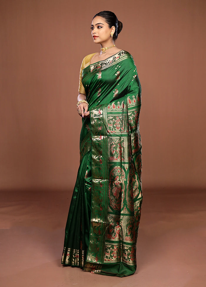 Green Handloom Baluchari Pure Silk Saree With Blouse Piece