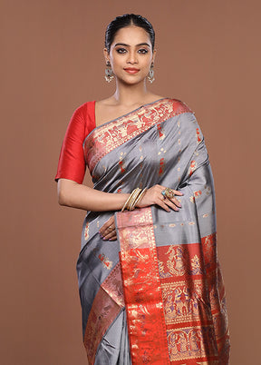 Grey Handloom Baluchari Pure Silk Saree With Blouse Piece