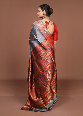 Grey Handloom Baluchari Pure Silk Saree With Blouse Piece