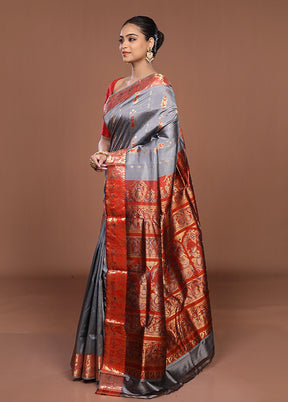 Grey Handloom Baluchari Pure Silk Saree With Blouse Piece