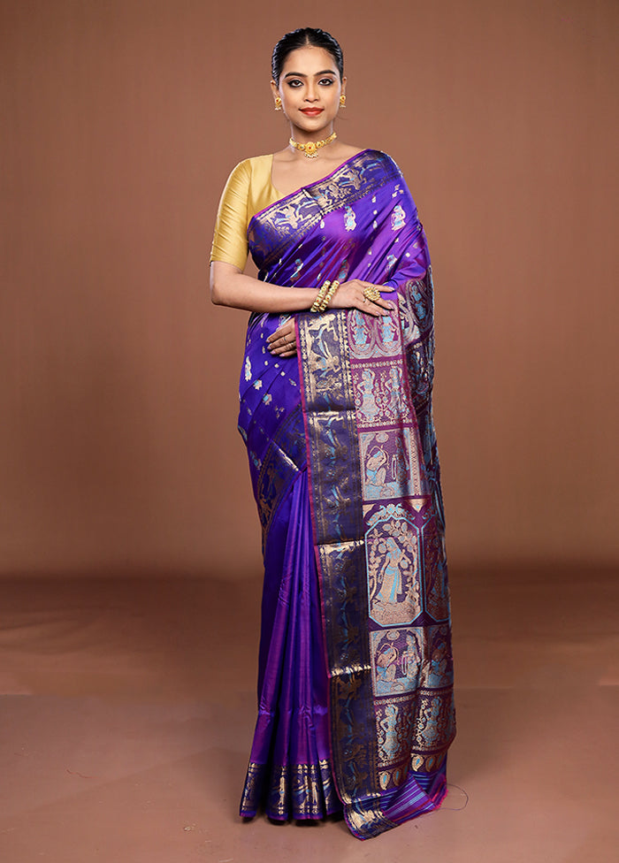 Blue Handloom Baluchari Pure Silk Saree With Blouse Piece
