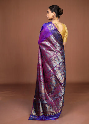 Blue Handloom Baluchari Pure Silk Saree With Blouse Piece
