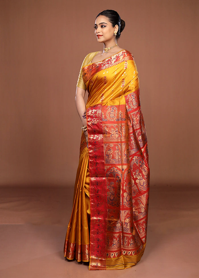Yellow Handloom Baluchari Pure Silk Saree With Blouse Piece