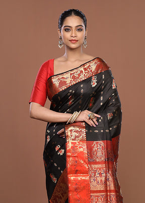 Black Handloom Baluchari Pure Silk Saree With Blouse Piece