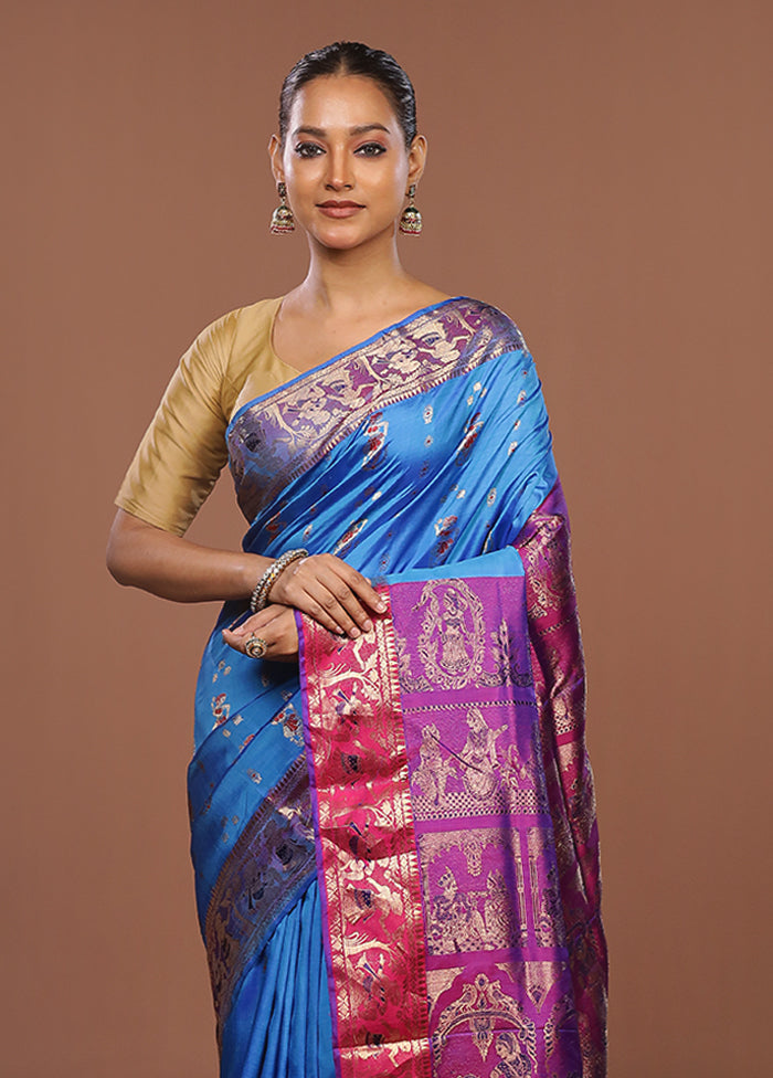 Blue Handloom Baluchari Pure Silk Saree With Blouse Piece