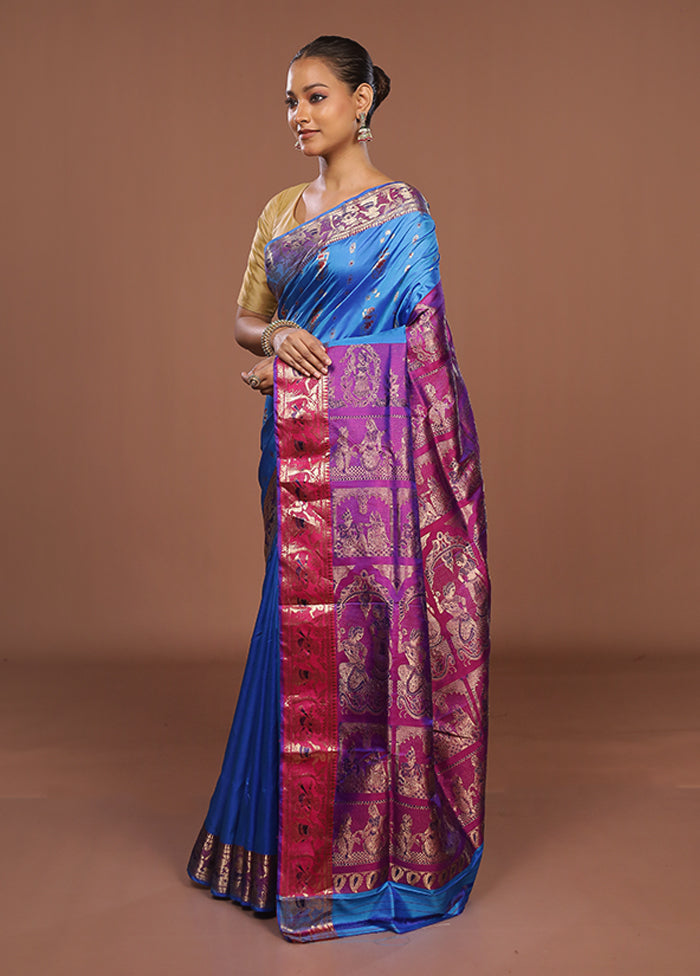Blue Handloom Baluchari Pure Silk Saree With Blouse Piece