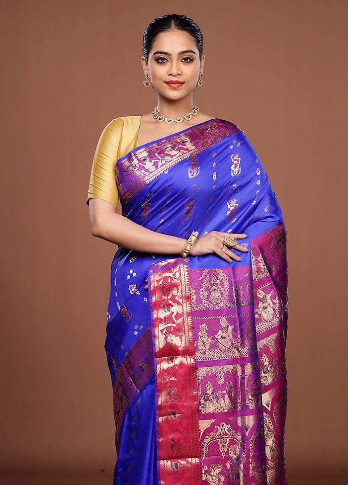 Blue Handloom Baluchari Pure Silk Saree With Blouse Piece