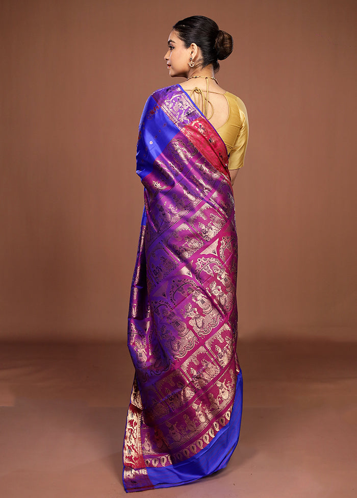 Blue Handloom Baluchari Pure Silk Saree With Blouse Piece
