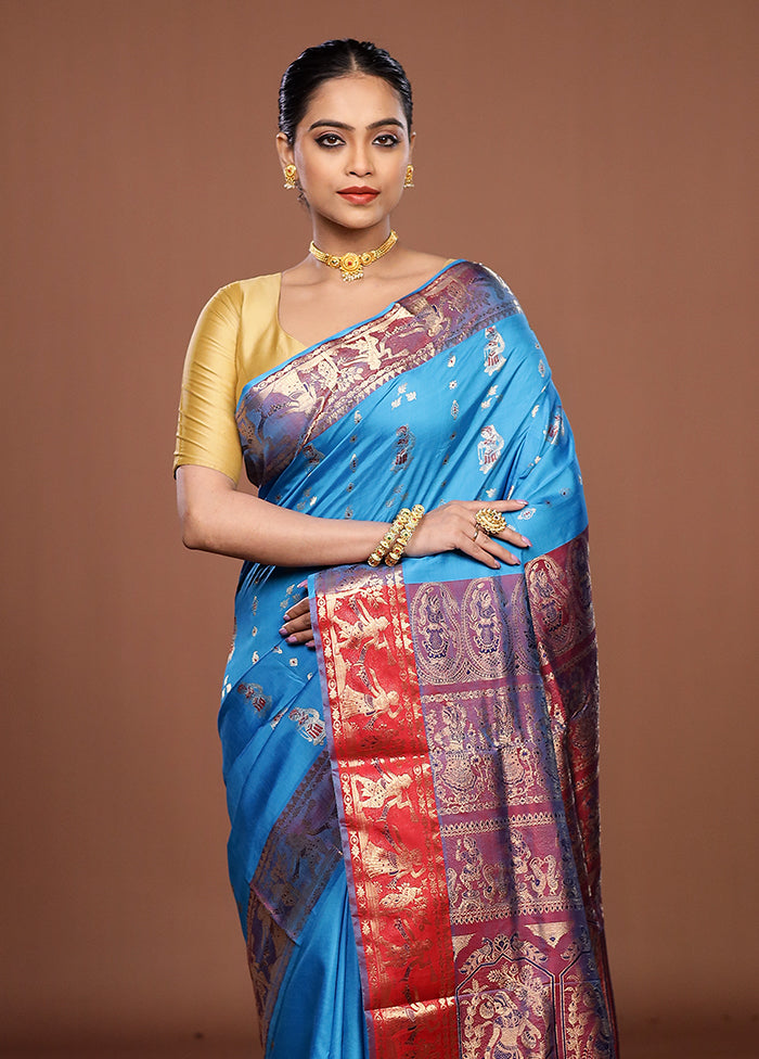 Blue Handloom Baluchari Pure Silk Saree With Blouse Piece
