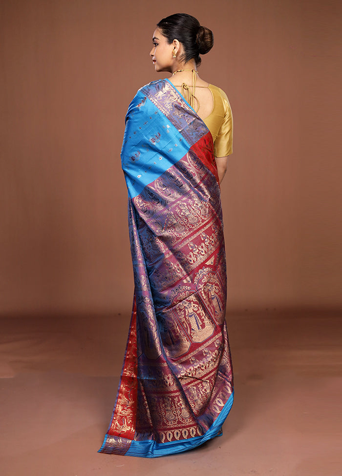 Blue Handloom Baluchari Pure Silk Saree With Blouse Piece
