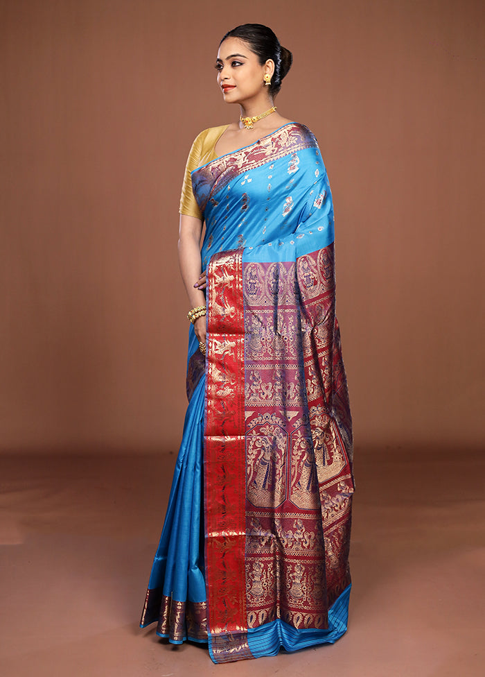 Blue Handloom Baluchari Pure Silk Saree With Blouse Piece