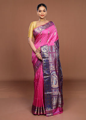 Pink Handloom Baluchari Pure Silk Saree With Blouse Piece